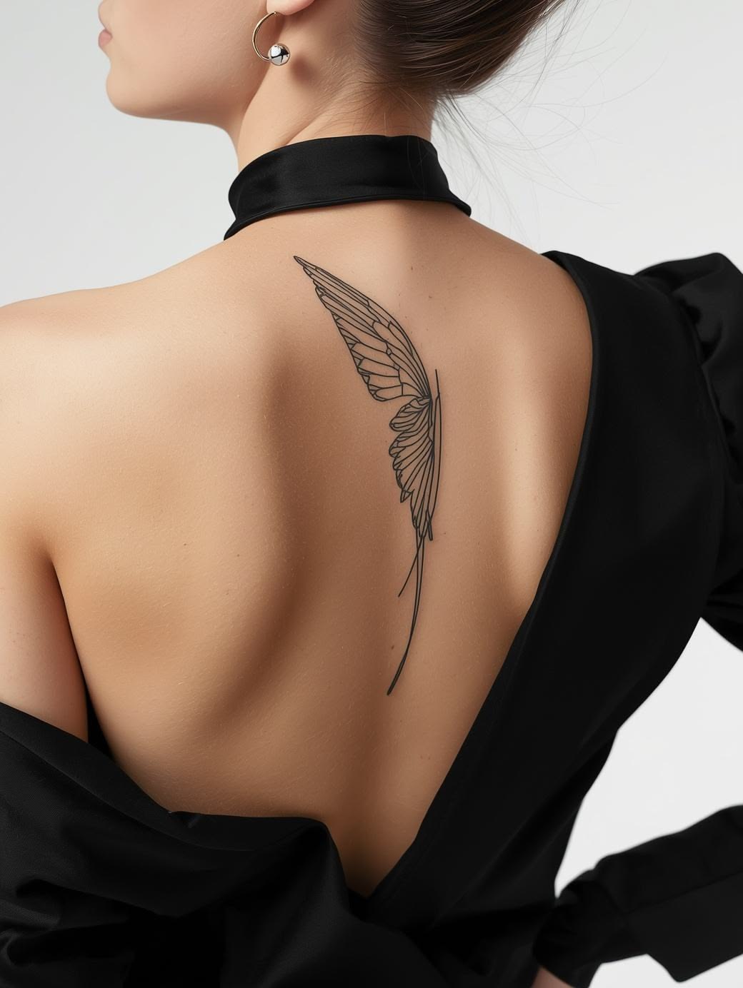 Delicate fine-line wing tattoo on the shoulder blade, an example of minimalist custom tattoo artwork