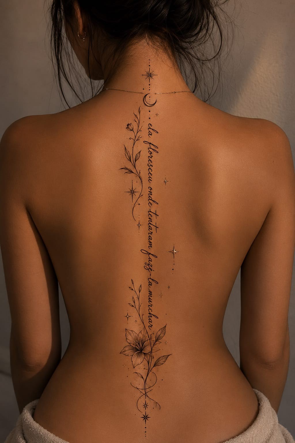 Large-scale flowing floral and cursive script tattoo along the back, an example of large canvas back-piece tattoo work