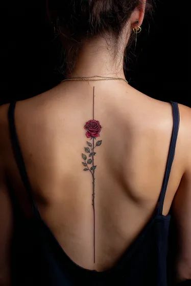 Single red rose tattoo along the spine showing precise color-matching ink work similar to techniques used in vitiligo camouflage tattooing