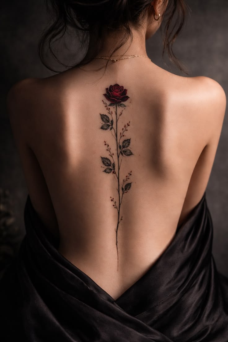 Detailed red rose and vine tattoo along the spine demonstrating color blending techniques used in scar camouflage tattooing