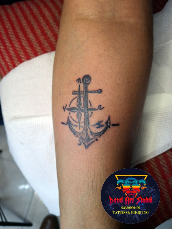 Small to medium custom anchor tattoo used as a pricing example on the tattoo price list at Devil Art Studio Lahore