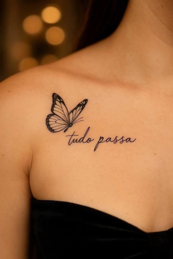 Butterfly tattoo with cursive quote on collarbone by Devil Art Studio Lahore