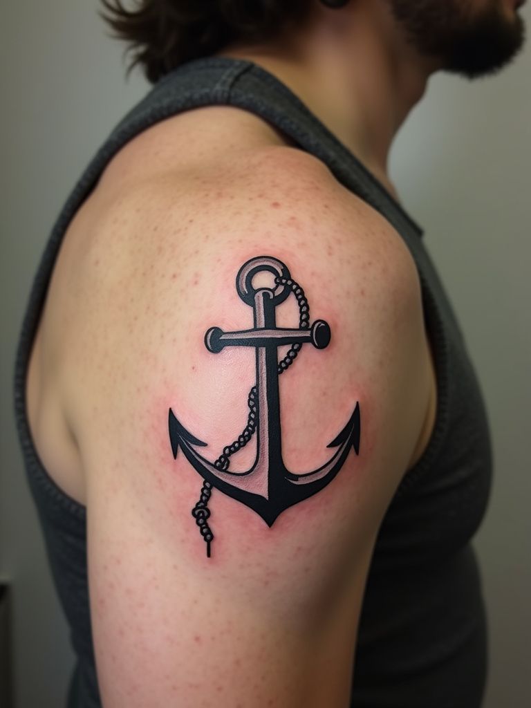 Bold blackwork anchor tattoo on shoulder by Devil Art Studio Lahore