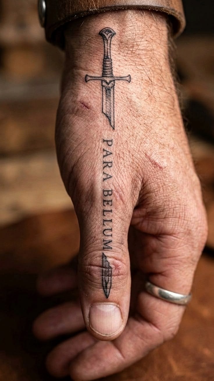 Dagger tattoo with Para Bellum Latin script by Devil Art Studio Lahore