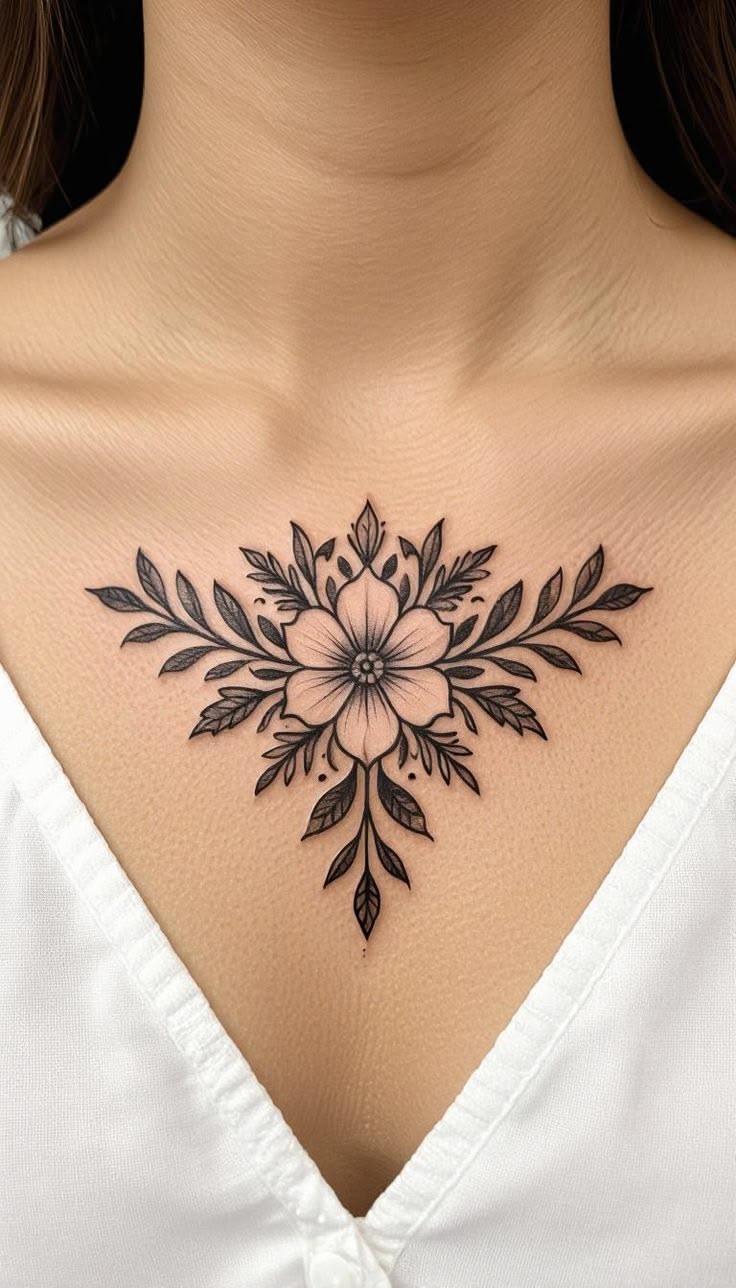 Large floral sternum tattoo design by Devil Art Studio Lahore